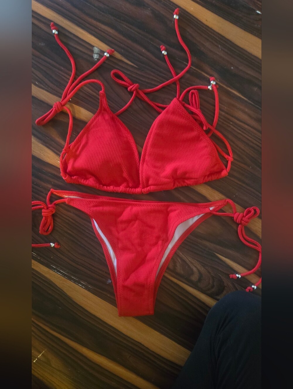 Red Ribbed String Bikini Set
